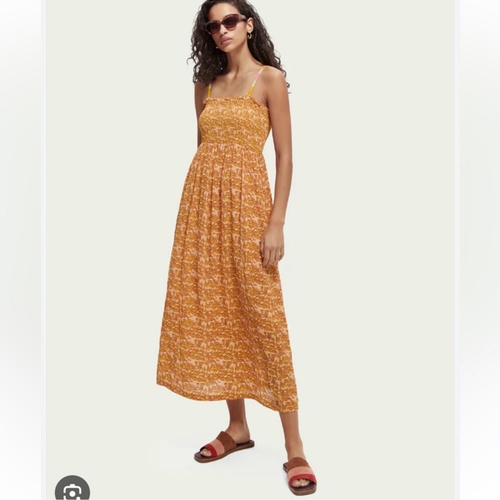 Scotch & Soda smocked seersucker Floral Orange Sleveless Dress